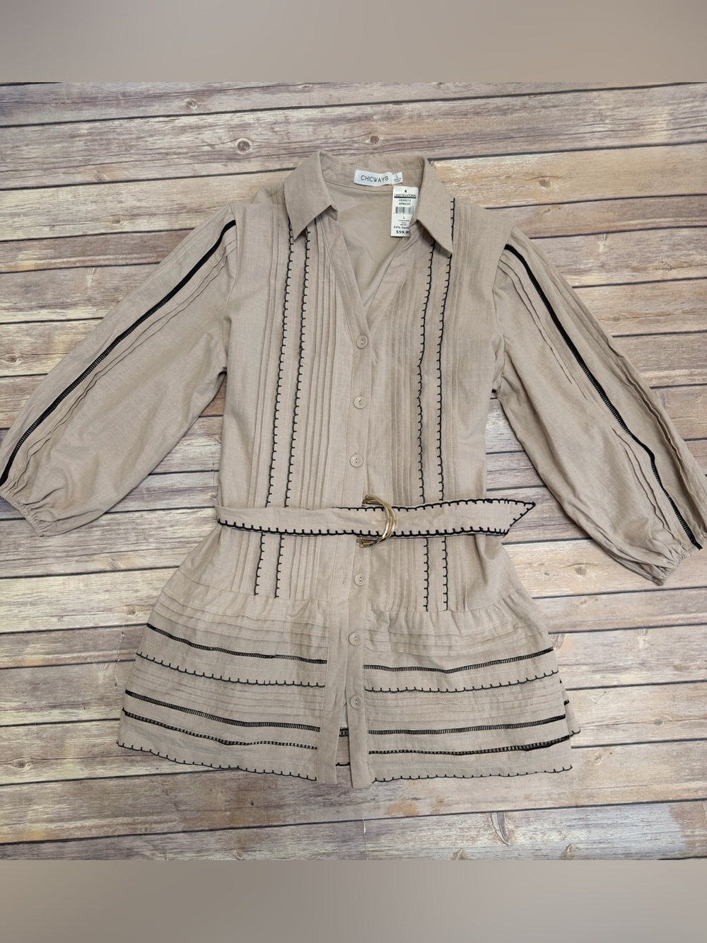 chicways button front belted long sleeve pleated mini dress apricot size L